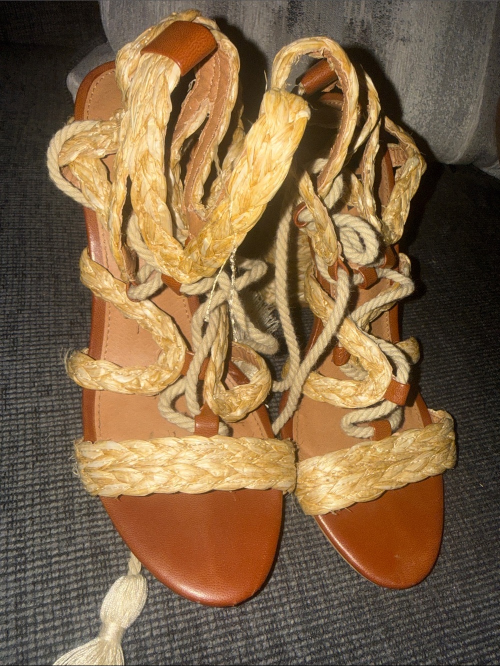 MIA Tan Braided Raffia Lace-Up Sandals